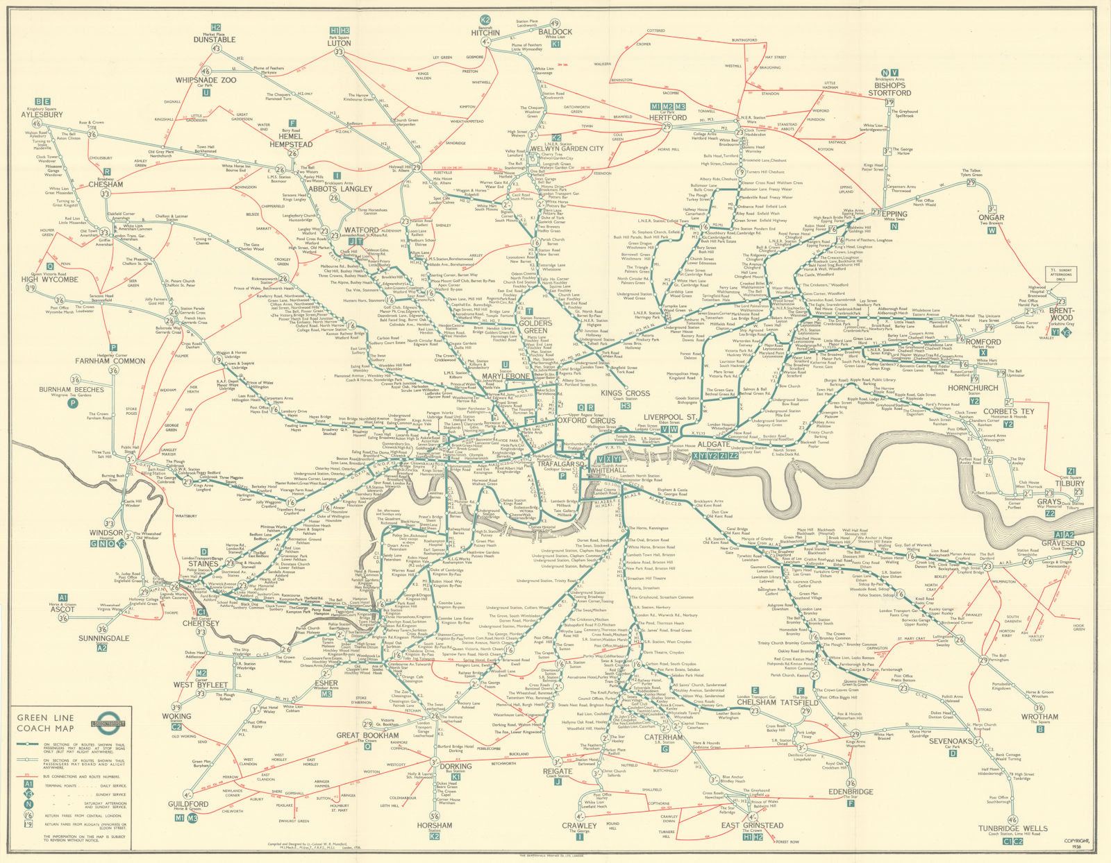 London Transport Green Line Coach System Map. L.P.T.B. / Mansfield 1936 (1937)